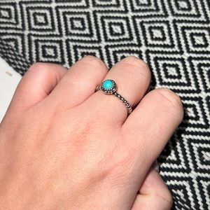 Pandora Silver Balled Ring with Aqua Blue Center